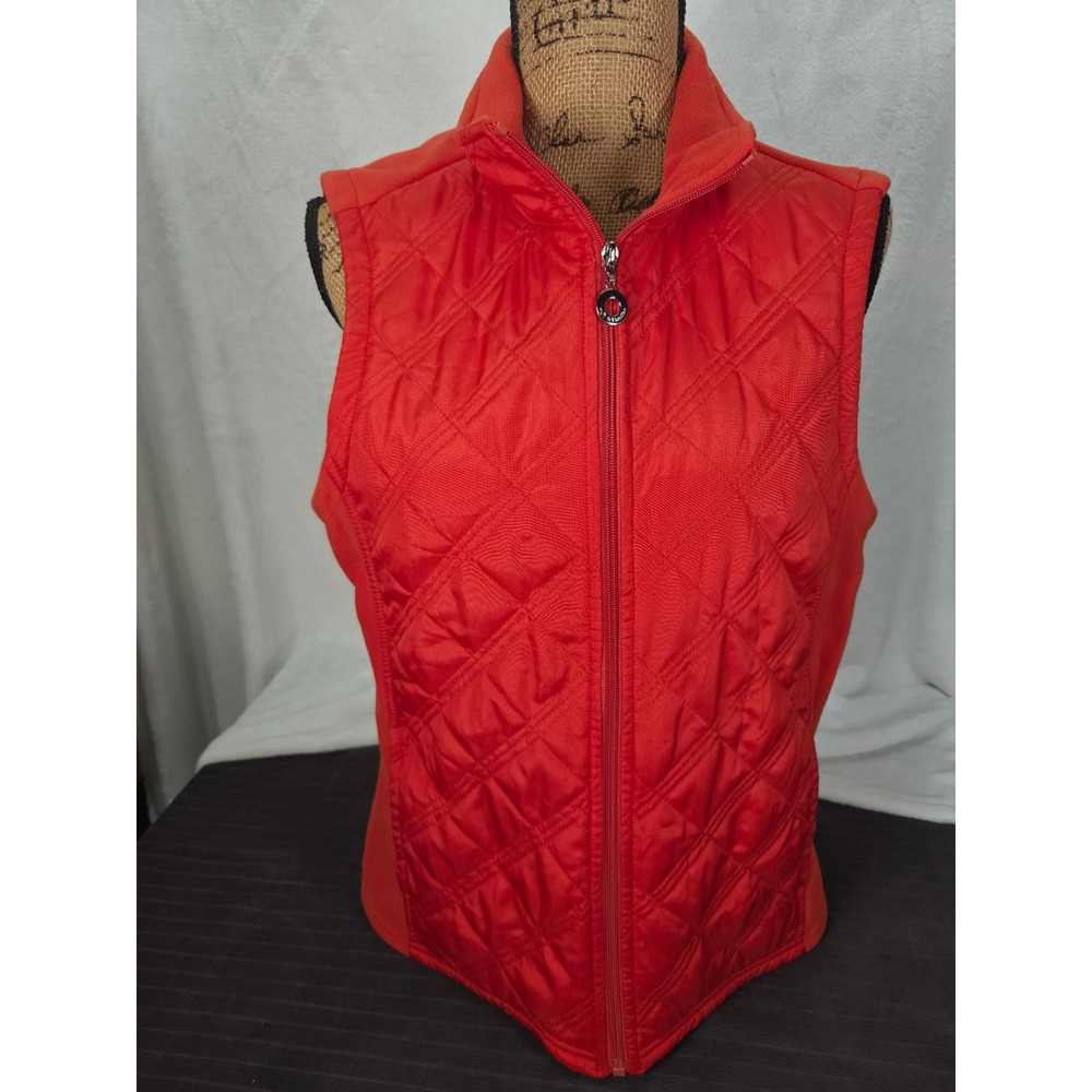 E-Studio Quilted Fleece Vest Women L Orange Full Zip Mock Neck Layering Casual